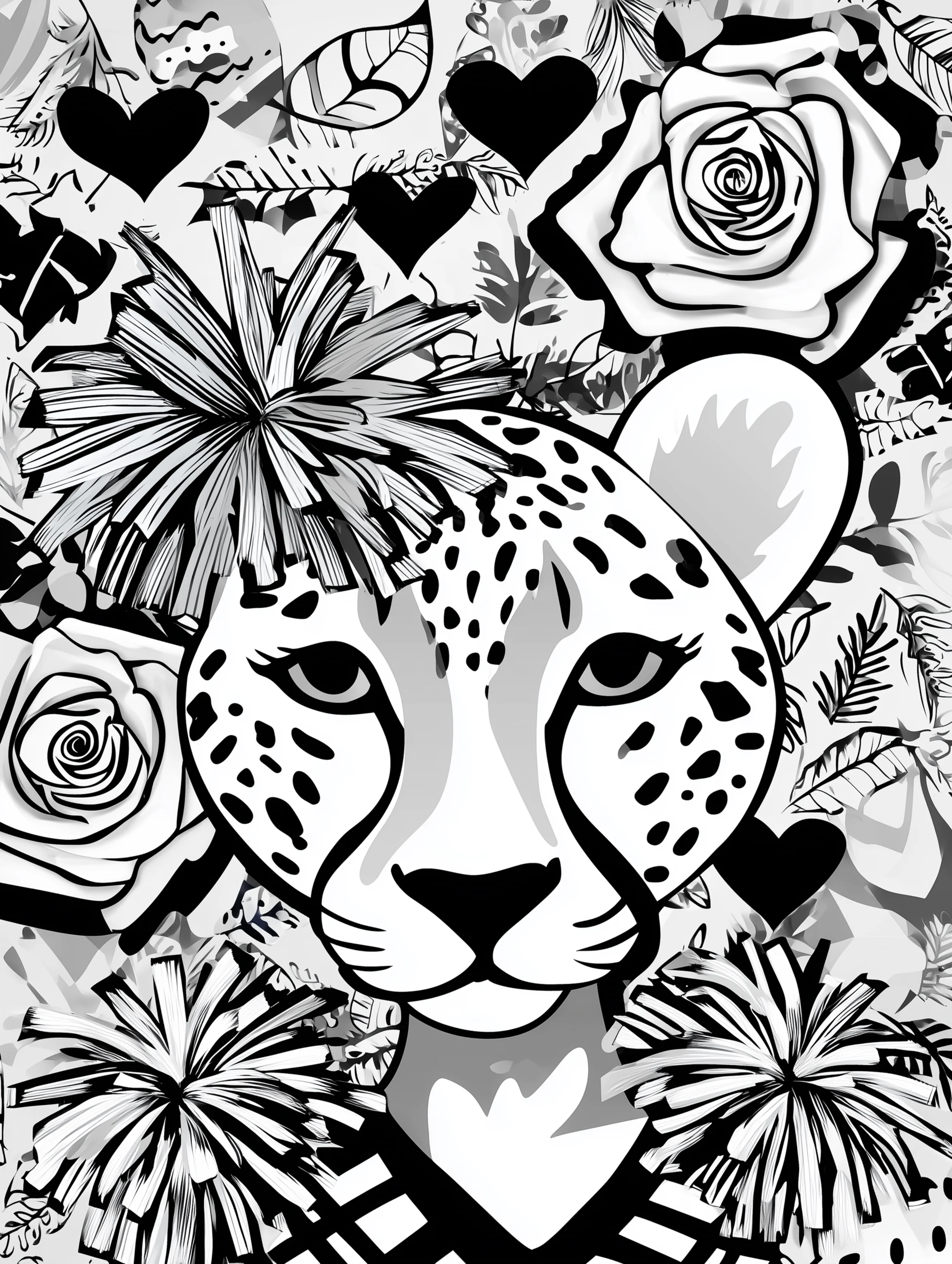 Free cheetah printable coloring page featuring a cheetah with pom pom styled hair